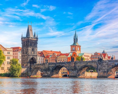 Prague,-,Charles,Bridge,,Czech,Republic.,Scenic,Aerial,Sunset,On